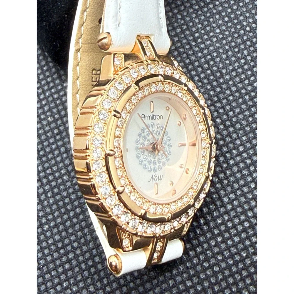 Armitron Now Womens Watch Rose Gold Tone Crystal Bezel Leather Needs Battery